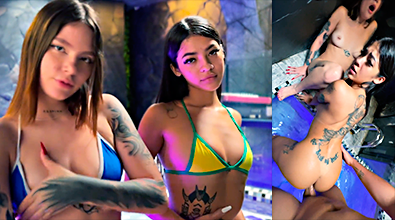 Un trío muy intenso dentro de la piscina con su chico